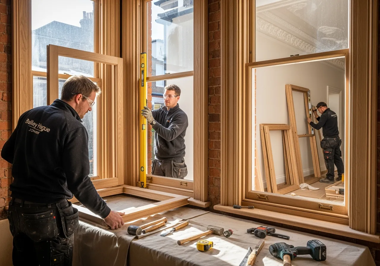 BHJ-Workshop Bailey Hague Joinery craftsman working on bespoke wooden window frame in Yorkshire workshop